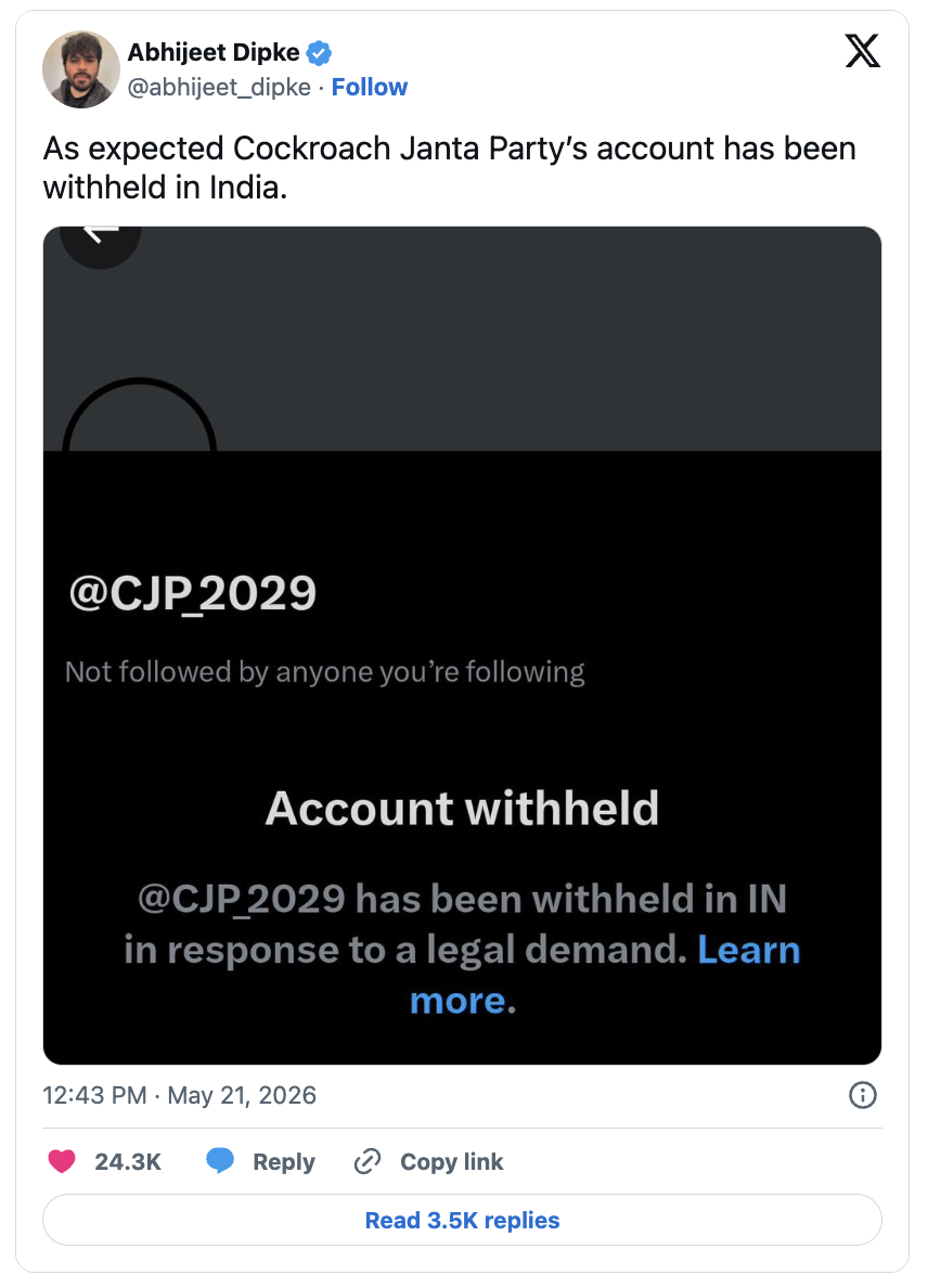 Cockroach Janta Party's X account withheld in India hours after it crossed BJP in Instagram followers with nearly 13 million followers